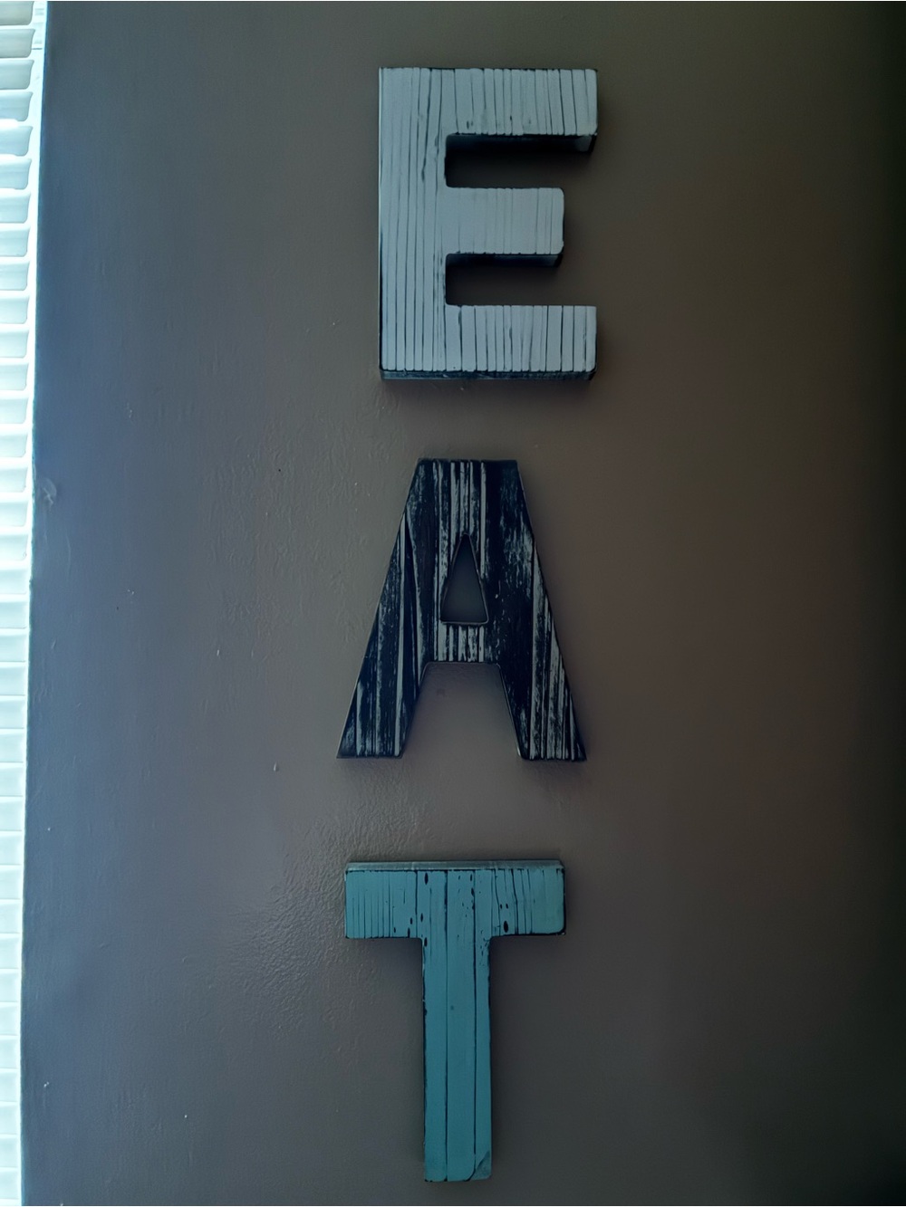 Wooden Wall Letters "E A T" in Distressed Blue and Black